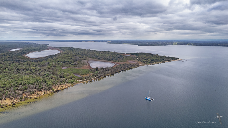 Anui anchored off Sperm Whale Head, Gippsland Lakes